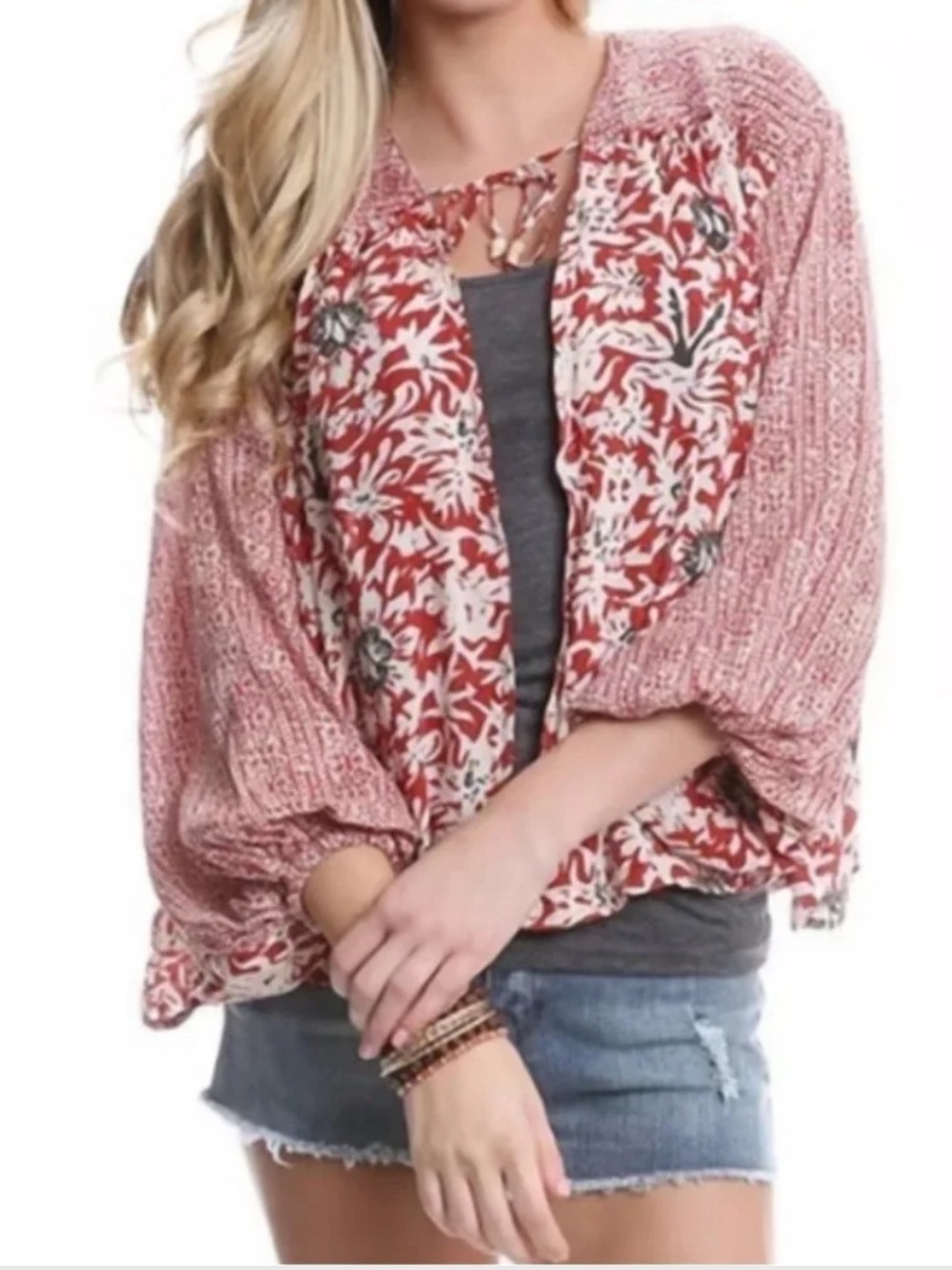 Free People Mixed Floral Balloon Sleeve Front Tie Kimono Cardigan Red-Small